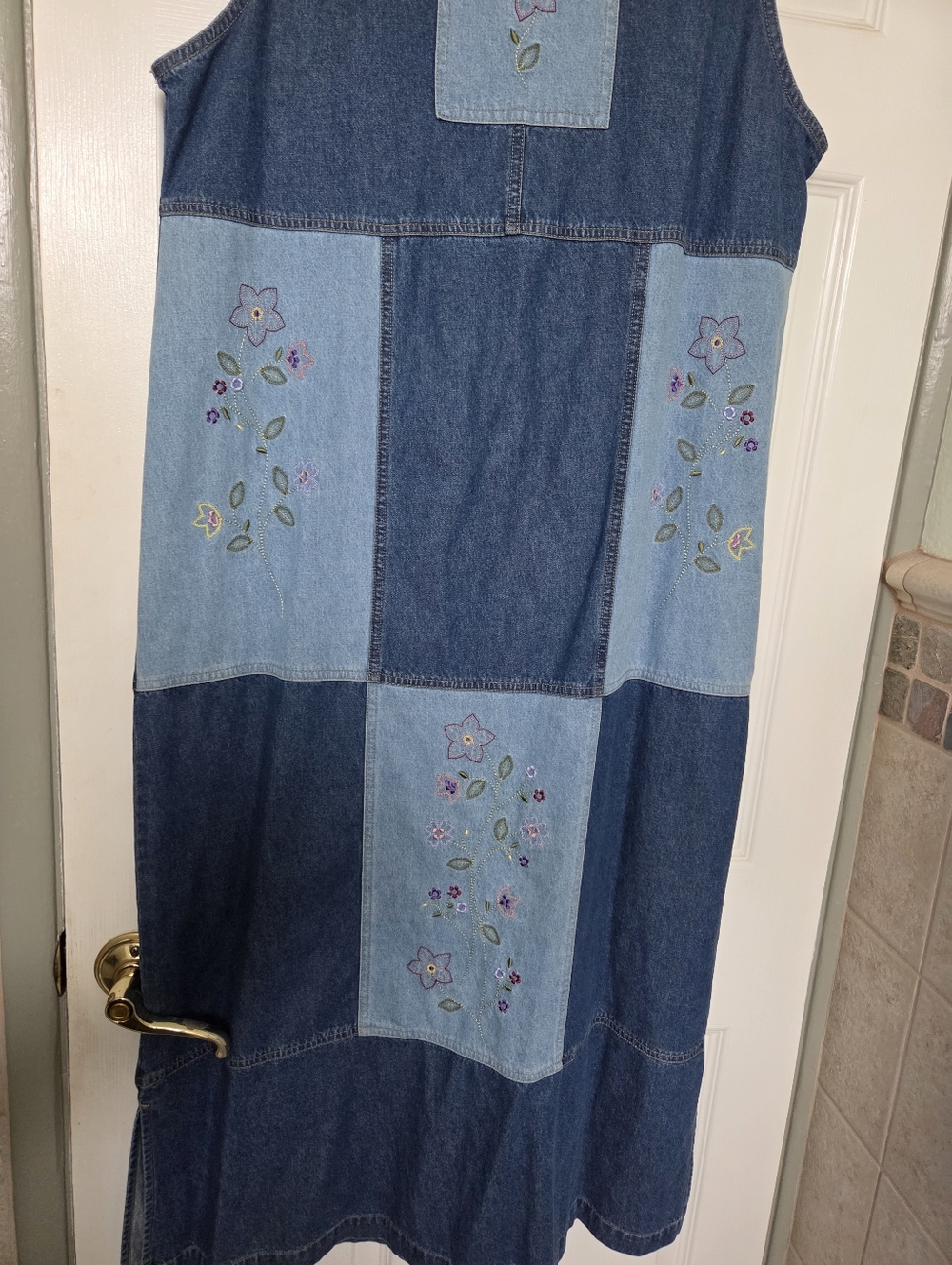 Blue denim patchwork floral embroidered Maxi Dress Teachercore Cottagecore Boho - Picture 3 of 8